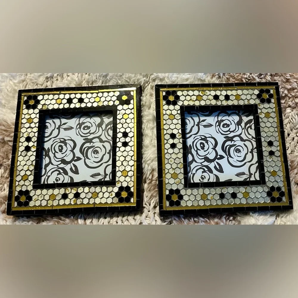 Anthropologie Mosaic Tile 4x4 Picture Frames — Set of 2, Black/White/Gold, NWT